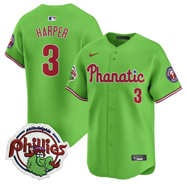 Men's Philadelphia Phillies #3 Bryce Harper Green With Patch Stitched Jersey Men's Philadelphia Phillies #3 Bryce Harper Green With Patch Stitched Jersey